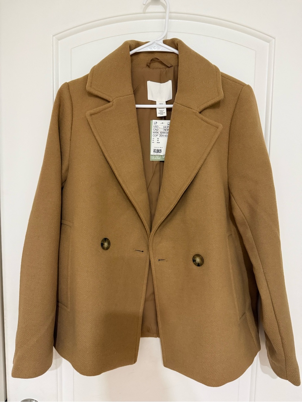 H&M Camel Double-Breasted Peacoat